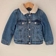 Load image into Gallery viewer, BabyGap Minnie Embroidered Sherpa Lined Denim Jacket 3Y
